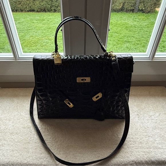 Black hand bag Hermes style in fake crocodile - Picture 2 of 11